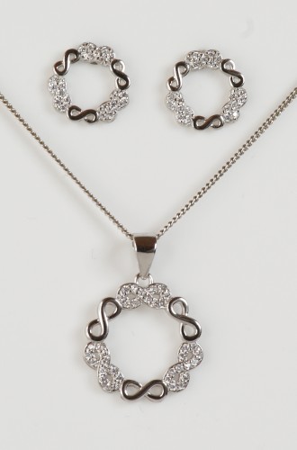 Sterling Silver/CZ/Plain Infinity Open Circle Pendant and Stud Earrings